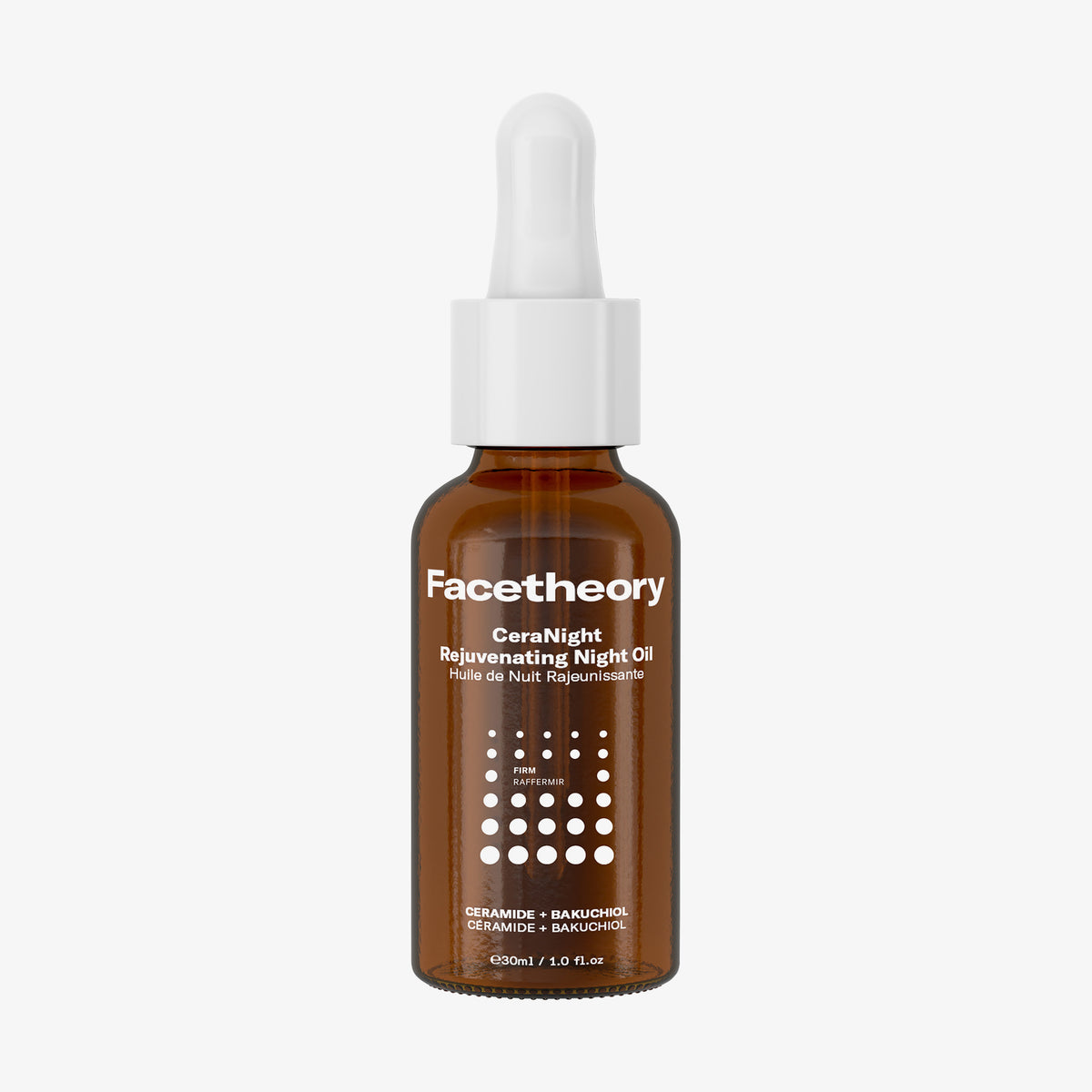 Braunes Glasfläschchen Facetheory CeraNight Rejuvenating Night Oil mit weißer Pipette, Beschriftung in Weiß, 30 ml.