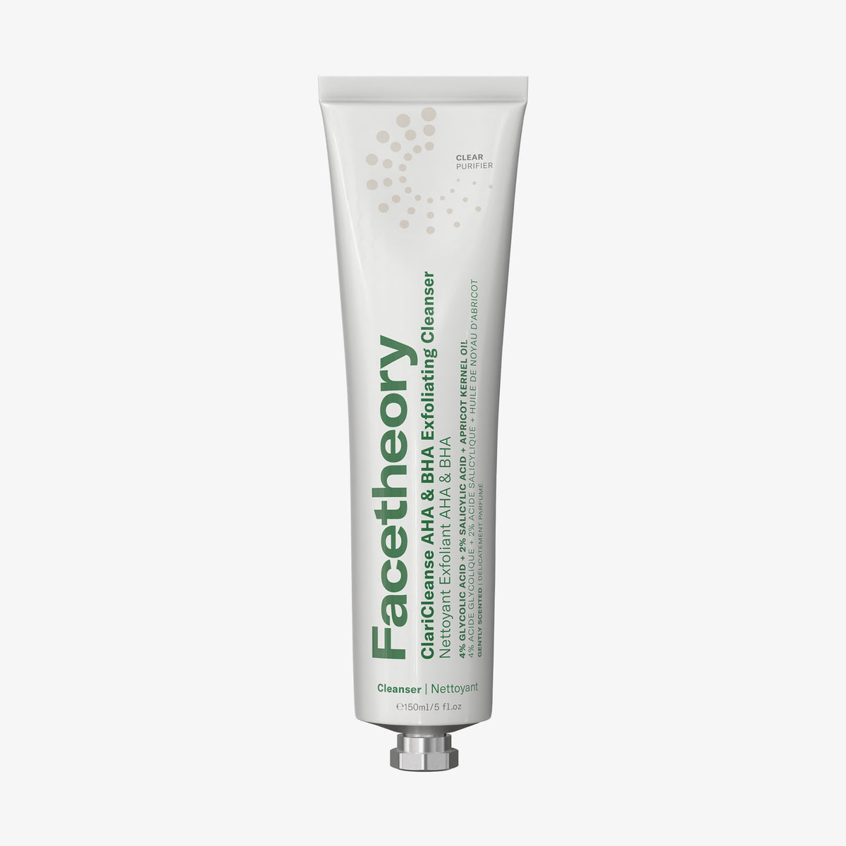 Weiße Tube ClariCleanse AHA & BHA Exfoliating Cleanser mit grünem Text vor weißem Hintergrund.