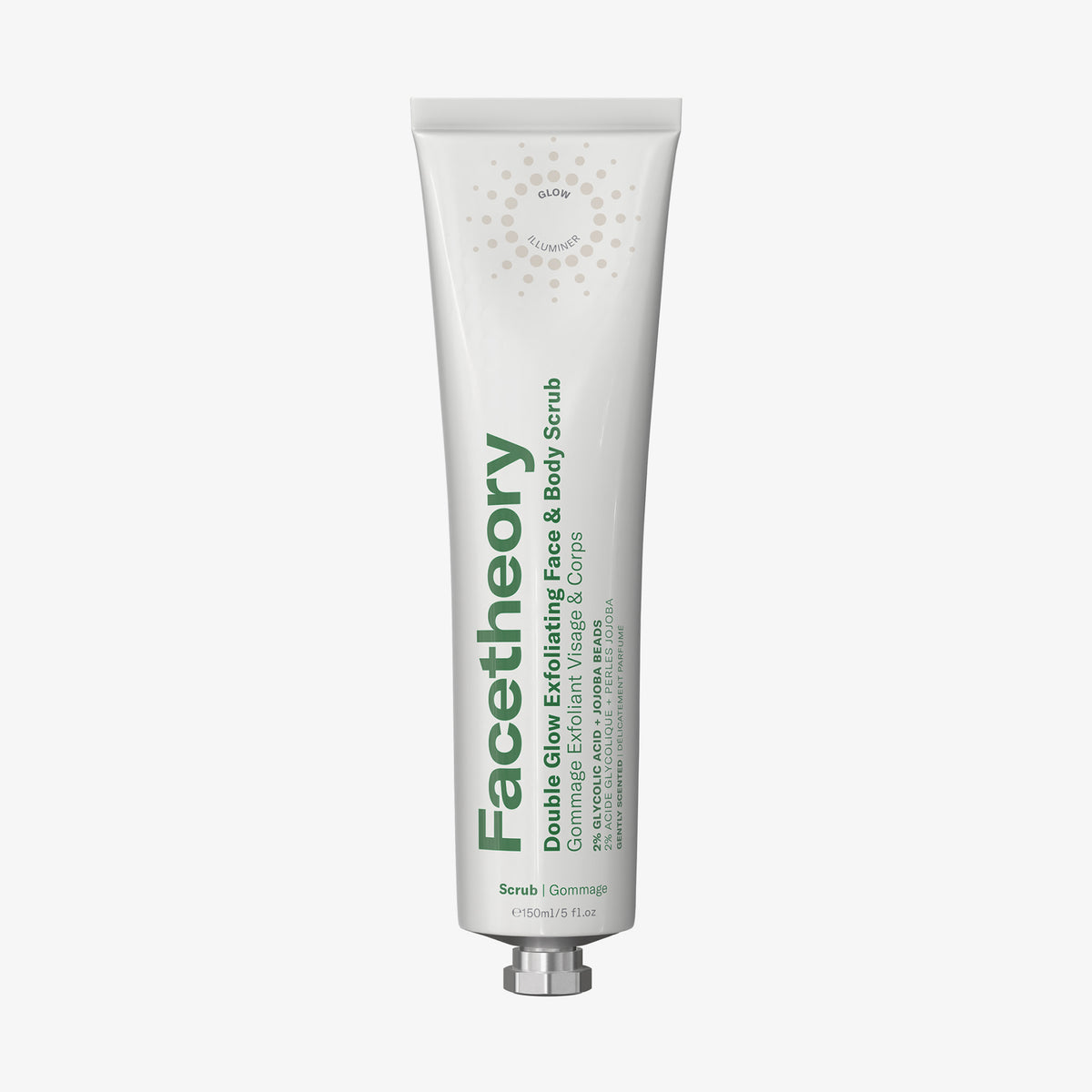 Weiße Tube Double Glow Exfoliating Face & Body Scrub mit grünem Text auf weißem Hintergrund.