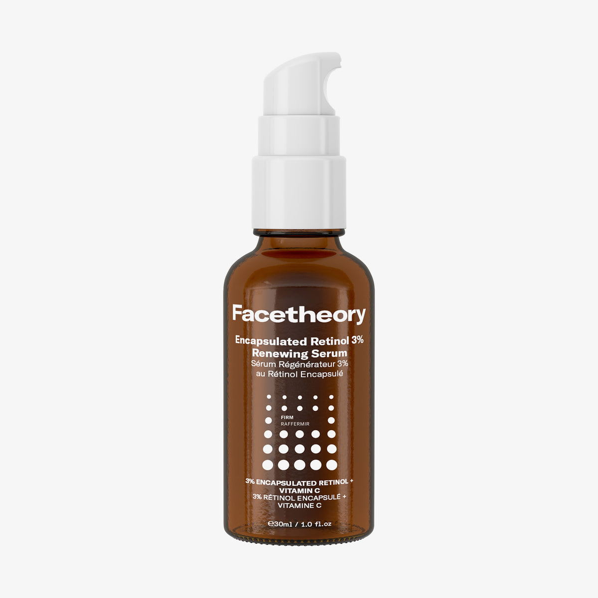 Braune Glasflasche Encapsulated Retinol 3% Renewing Serum mit weißem Pumpspender vor weißem Hintergrund.