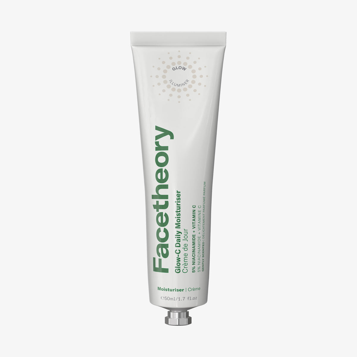 Eine weiße Tube Glow-C Daily Moisturiser mit grünem Text auf der Vorderseite.