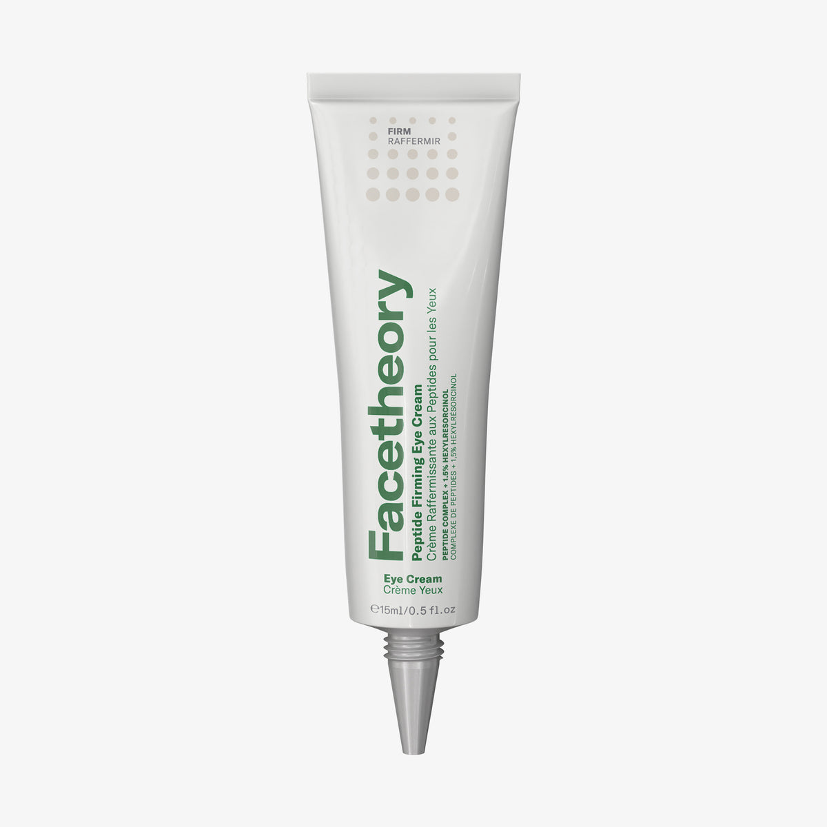 Eine Tube Peptide Firming Eye Cream mit grünem Text auf weißem Hintergrund.