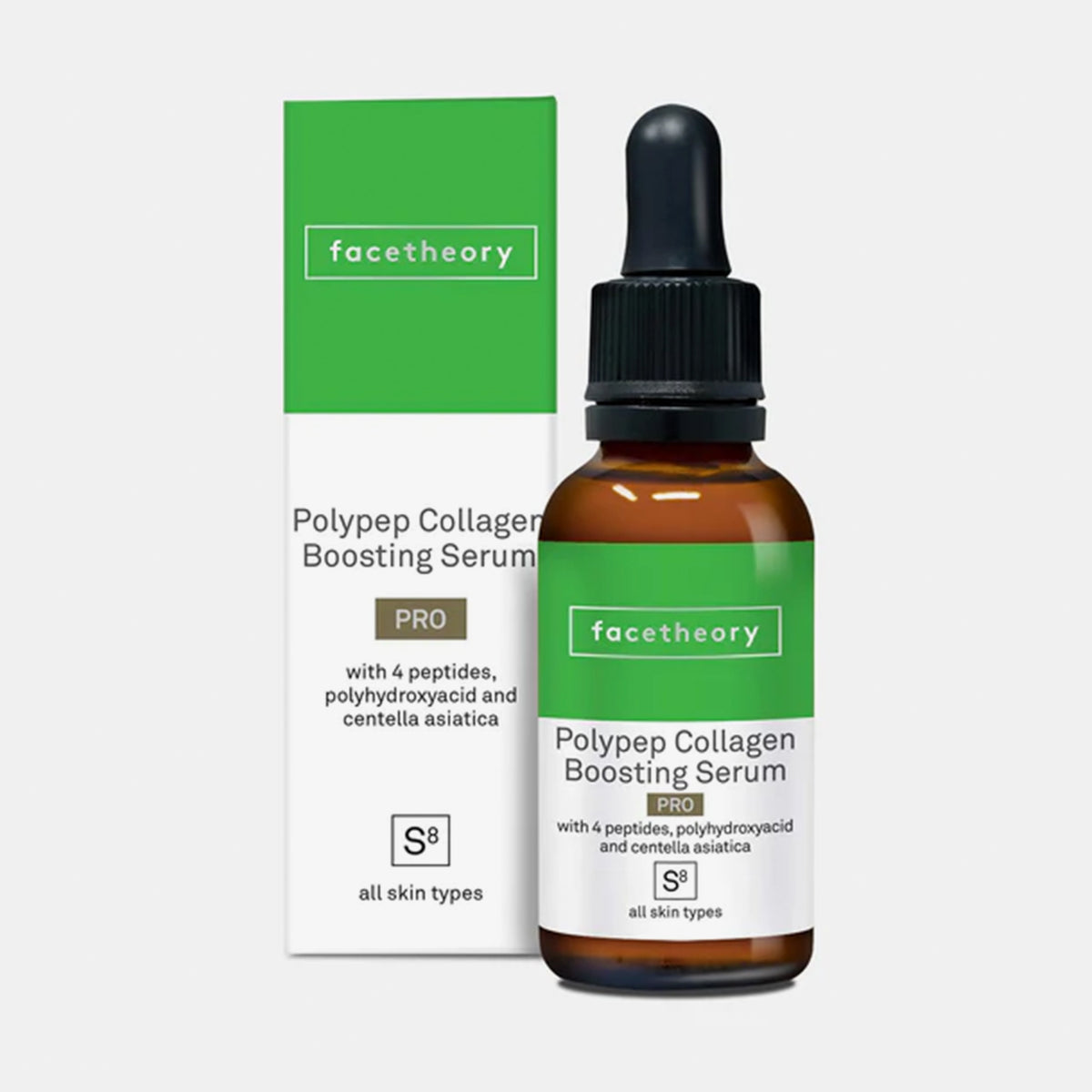 Braune Glasflasche und grün-weiße Schachtel PolyPep Collagen Boosting Serum S8 PRO auf weißem Hintergrund.