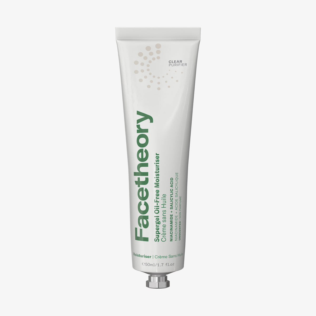 Weiße Tube Supergel Oil-Free Moisturiser mit grünem Text vor weißem Hintergrund.
