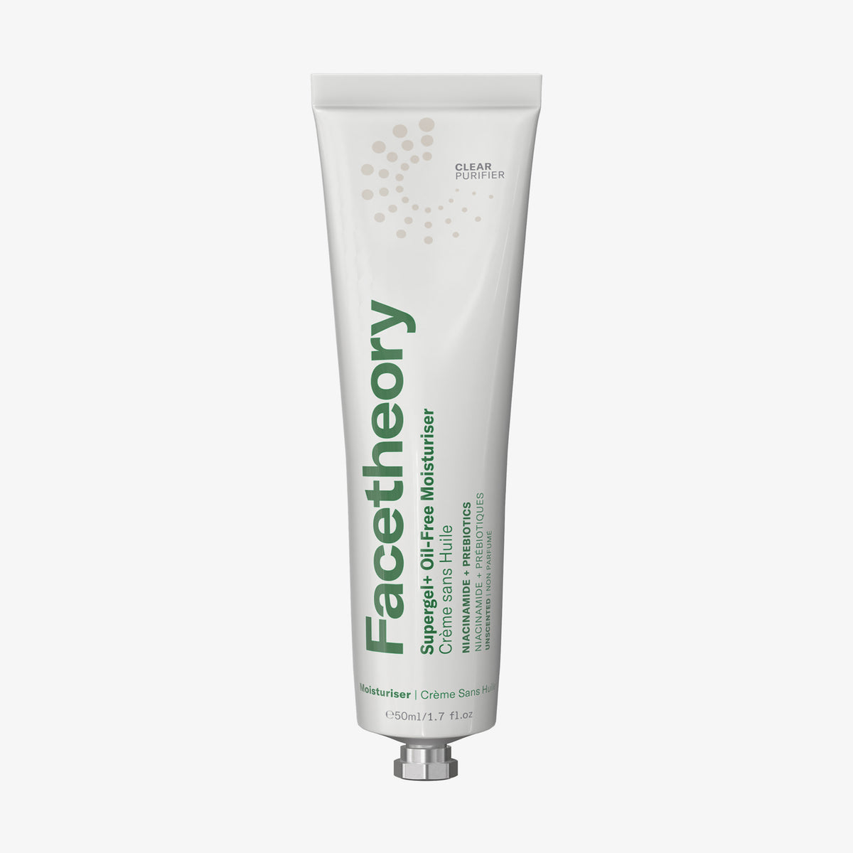 Weiße Tube Supergel+ Oil-Free Moisturiser mit grünem Text auf einem weißen Hintergrund.