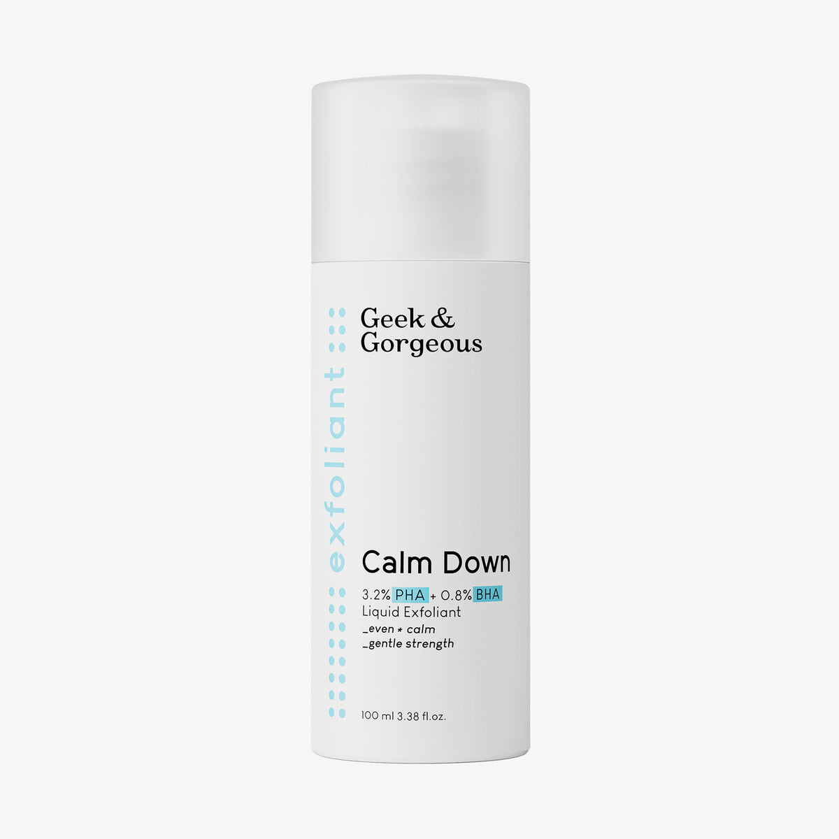 Weiße Flasche Calm Down 100 ml von Geek & Gorgeous auf weißem Hintergrund.