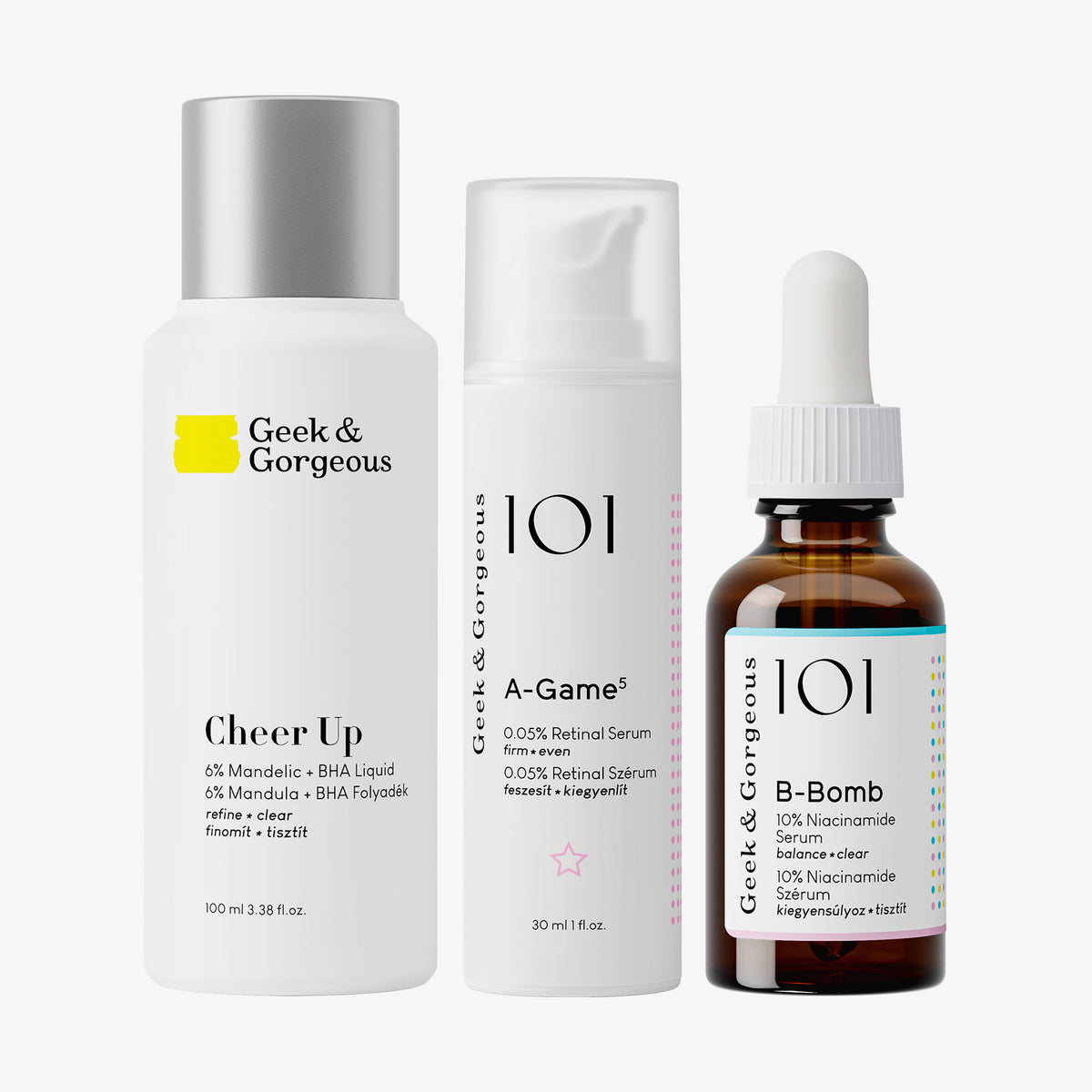 Clear Days Kit von Geek & Gorgeous bestehend aus Cheer Up, A-Game 5 und B-Bomb vor weißem Hintergrund.