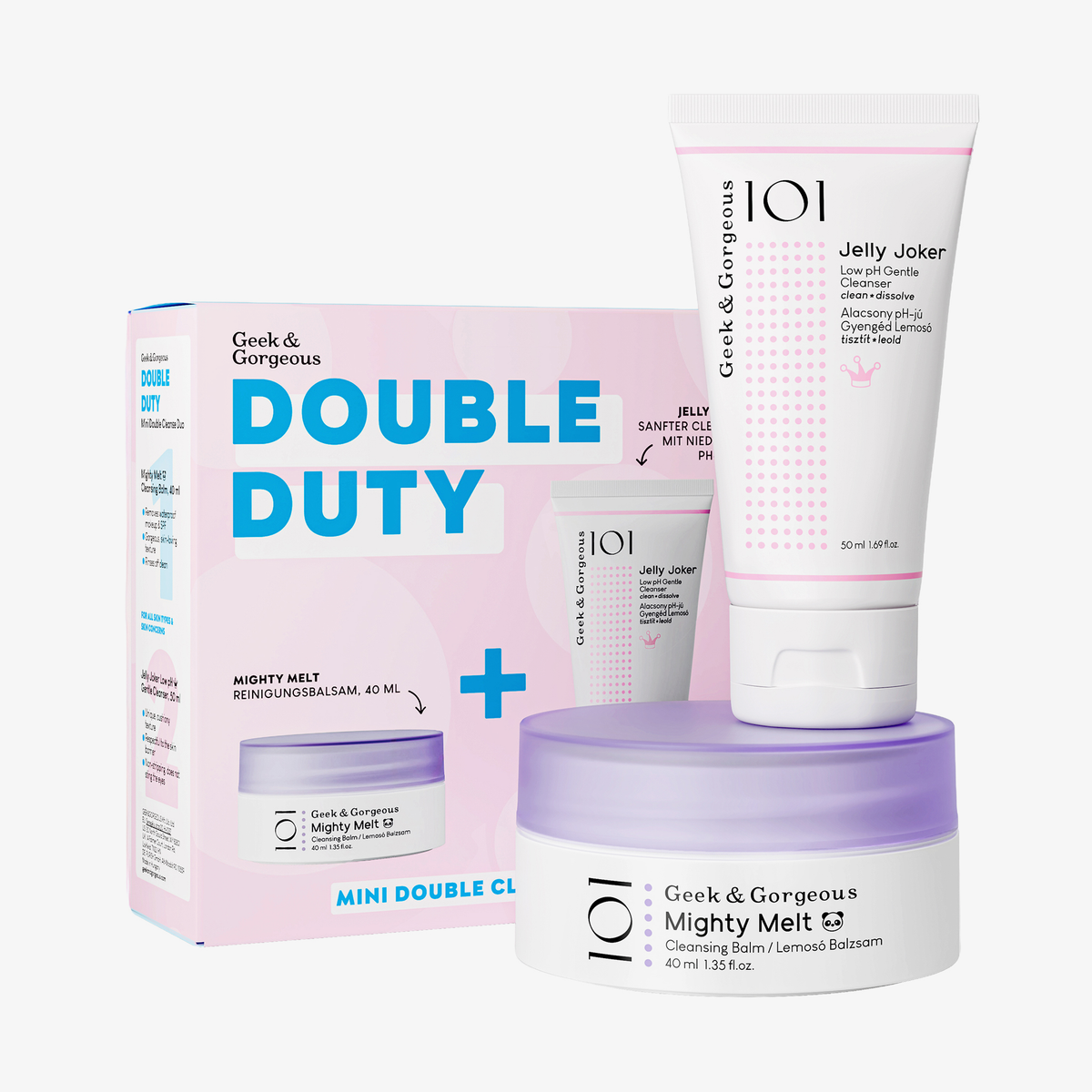 Rosa Verpackung des Geek & Gorgeous Double Duty Sets neben Jelly Joker und dem Mighty Melt.