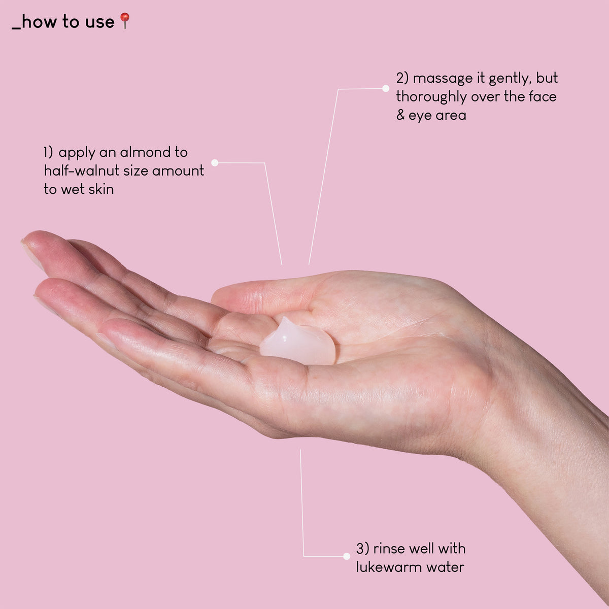 Eine Hand hält einen Klecks Jelly Joker-Gel, rundherum sind Anweisungen zum Auftragen und Abspülen zu sehen.