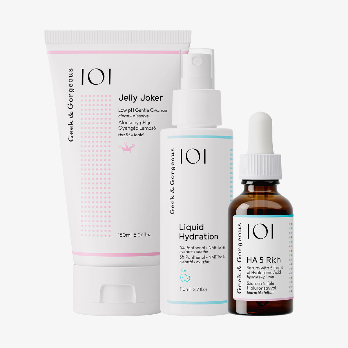 Das Teh Gift kit bestehend aus drei Hautpflegeprodukte von Geek & Gorgeous: Jelly Joker, Liquid Hydration und HA 5 Rich.