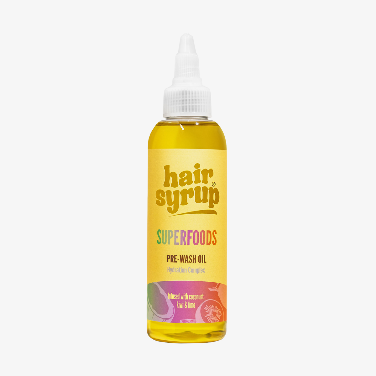 Eine Flasche Hair Syrup Superfoods Pre-Wash Oil, 100ml, mit einer weißen Düse und einem bunten Etikett.
