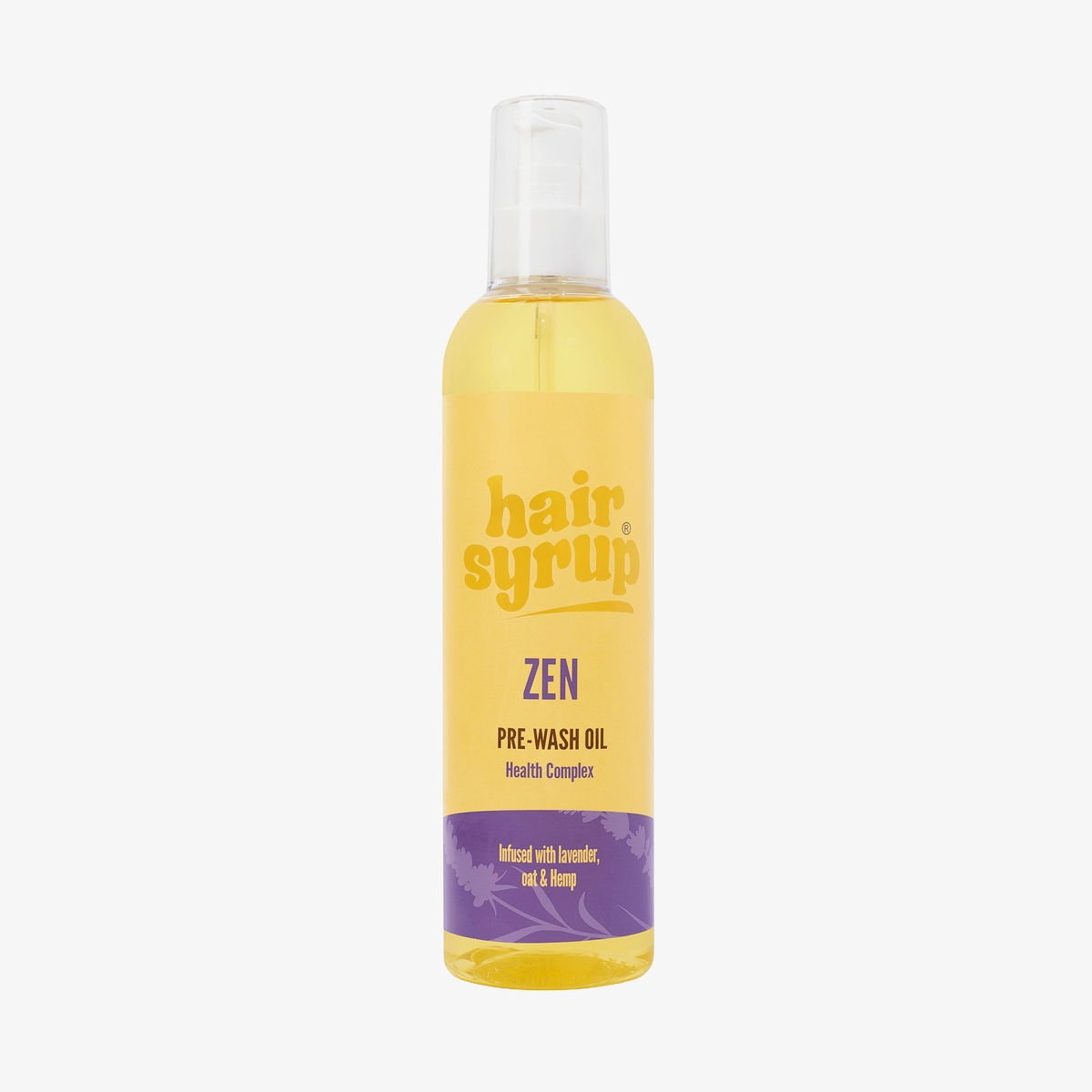 Eine Flasche Hair Syrup Zen Pre-Wash Oil, 300ml, mit gelbem Etikett und lila Akzent, angereichert mit Lavendel, Jojoba und Honig.