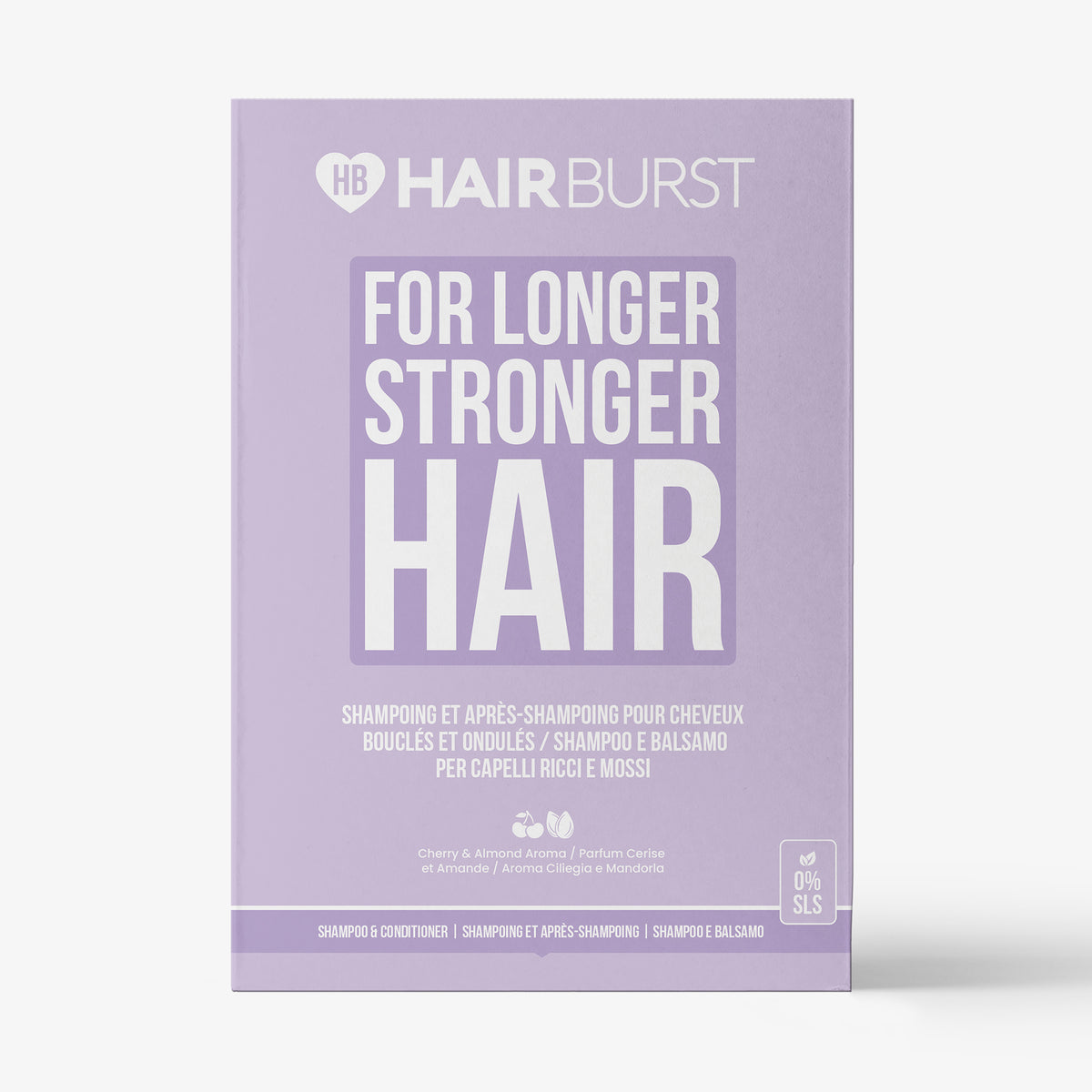 Hellviolette Schachtel des Shampoo & Conditioner for Curly and Wavy Hair vor einem weißen Hintergrund.