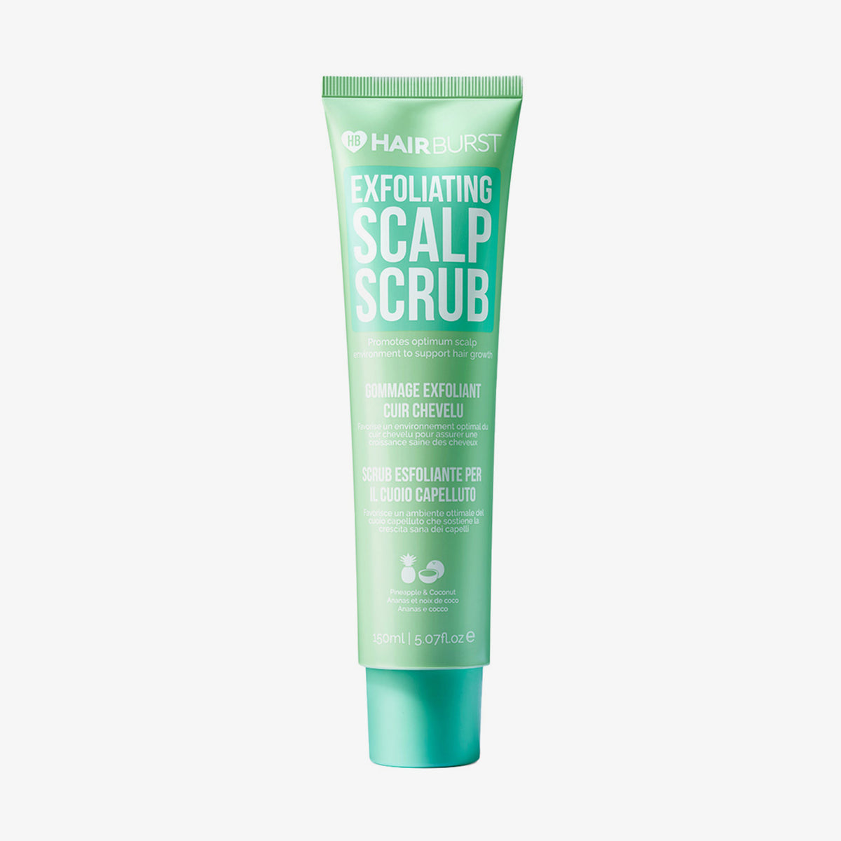 Grüne Tube Hairburst Exfoliating Scalp Scrub vor einem weißen Hintergrund.