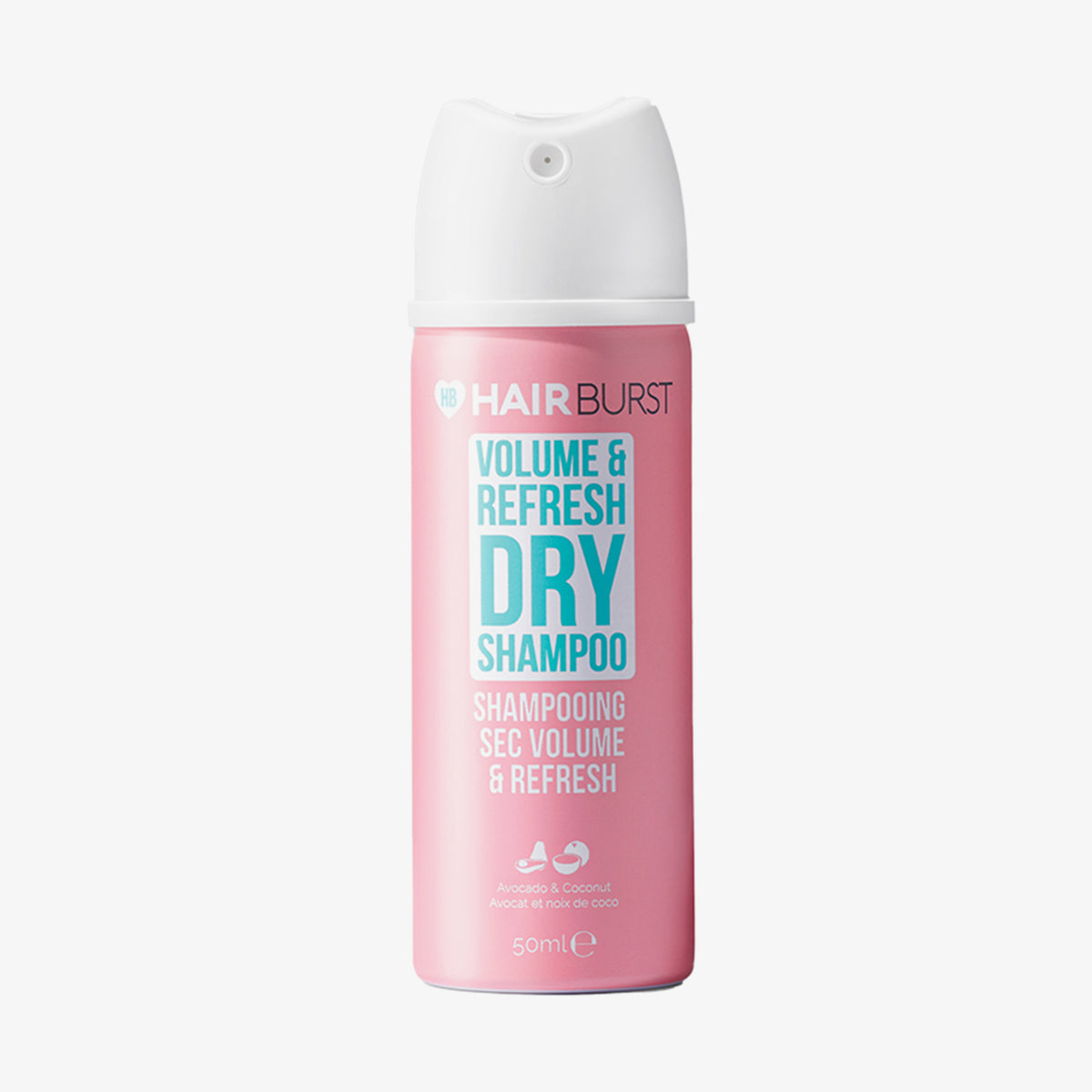 Eine rosa 50-ml-Dose Volume & Refresh Dry Shampoo mit weißem Deckel vor weißem Hintergrund.