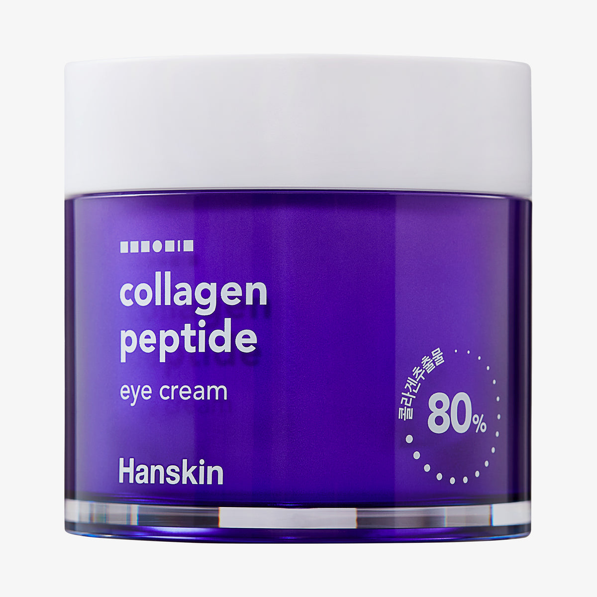 Ein lilafarbener Tiegel Collagen Peptide Eye Cream von Hanskin mit weißem Text und weißem Deckel.