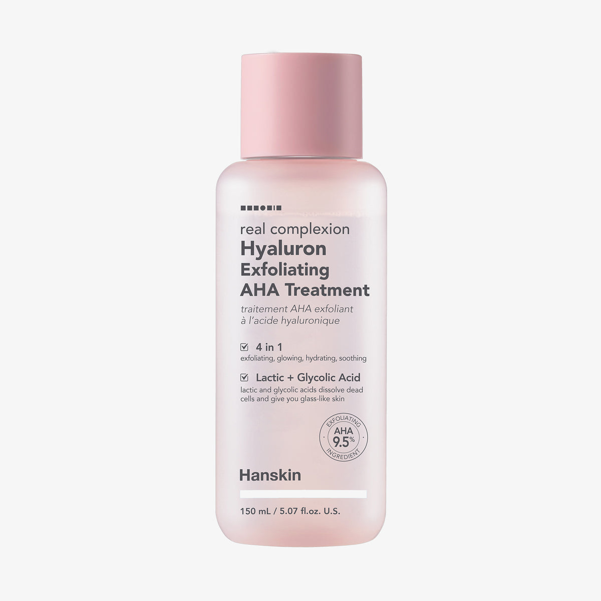 Rosa Flasche Real Complexion Hyaluron Exfoliating AHA Treatment von Hanskin mit grauem Text.