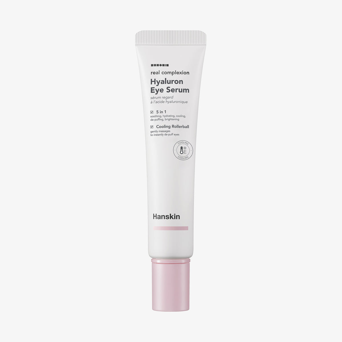 Weiße Tube Real Complexion Hyaluron Eye Serum von Hanskin mit rosa Deckel und schwarzem Text auf dem Etikett.