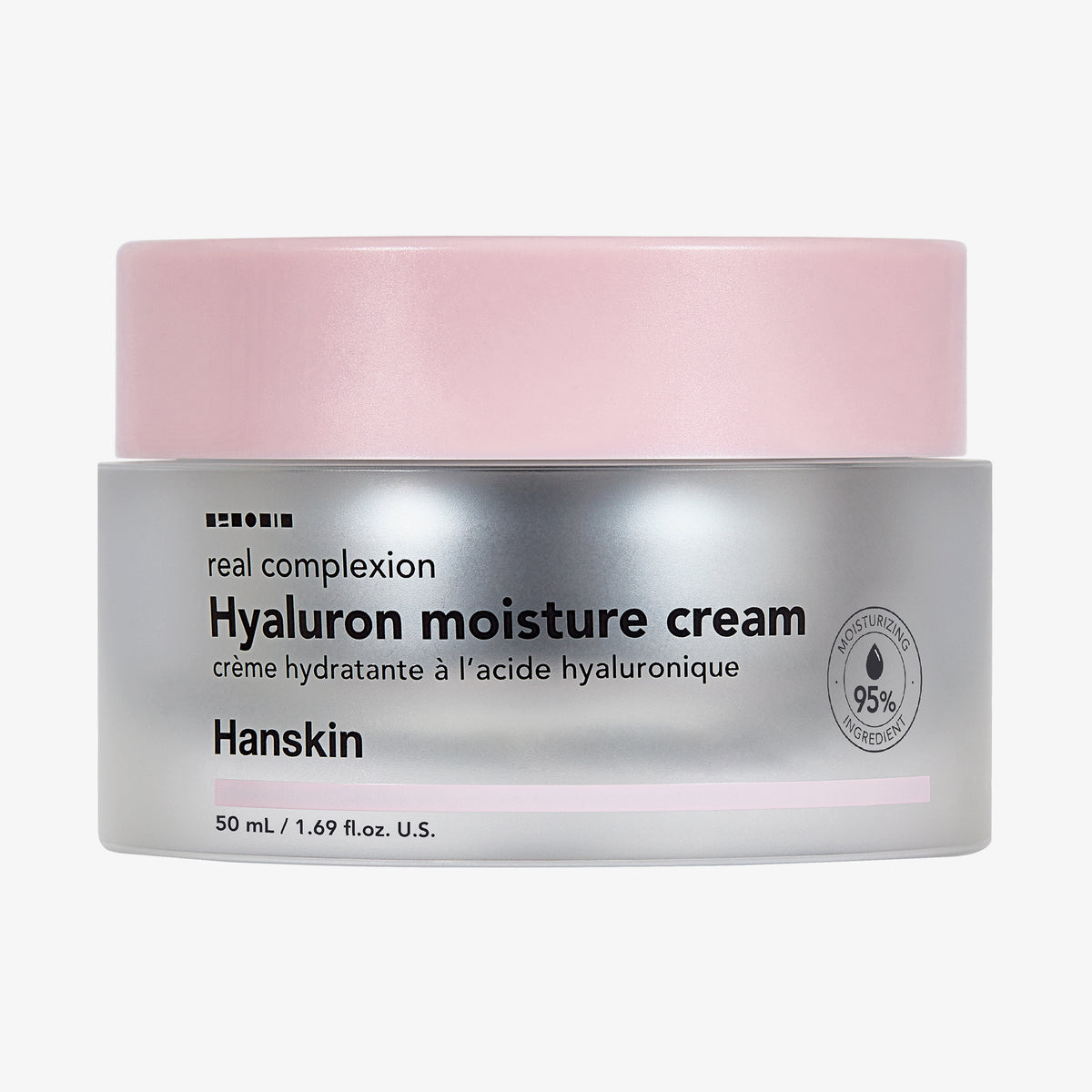 Mattierter silber-transparenter Tiegel Real Complexion Hyaluron Moisture Cream mit rosa Deckel.