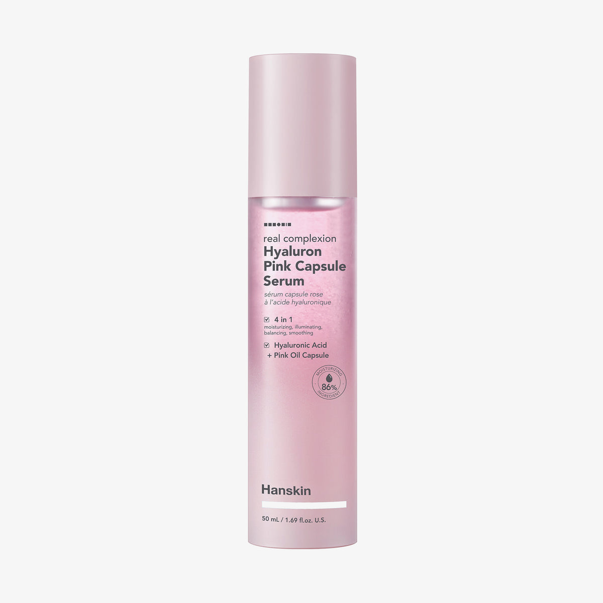 Eine rosa Flasche Real Complexion Hyaluron Pink Capsule Serum mit grauem Text vor weißem Hintergrund.