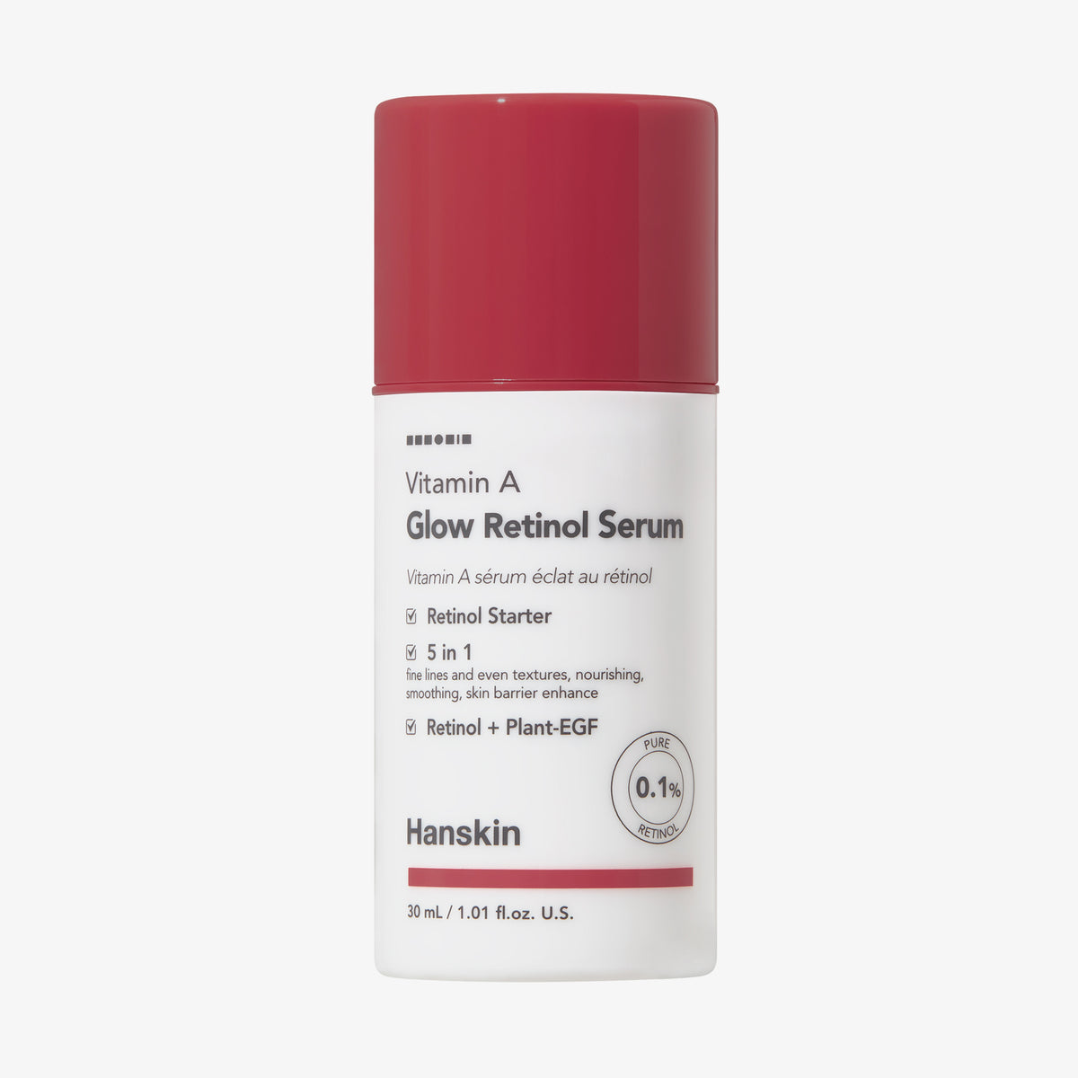Weiße Flasche Vitamin A Glow Retinol Serum mit rotem Deckel vor weißem Hintergrund.