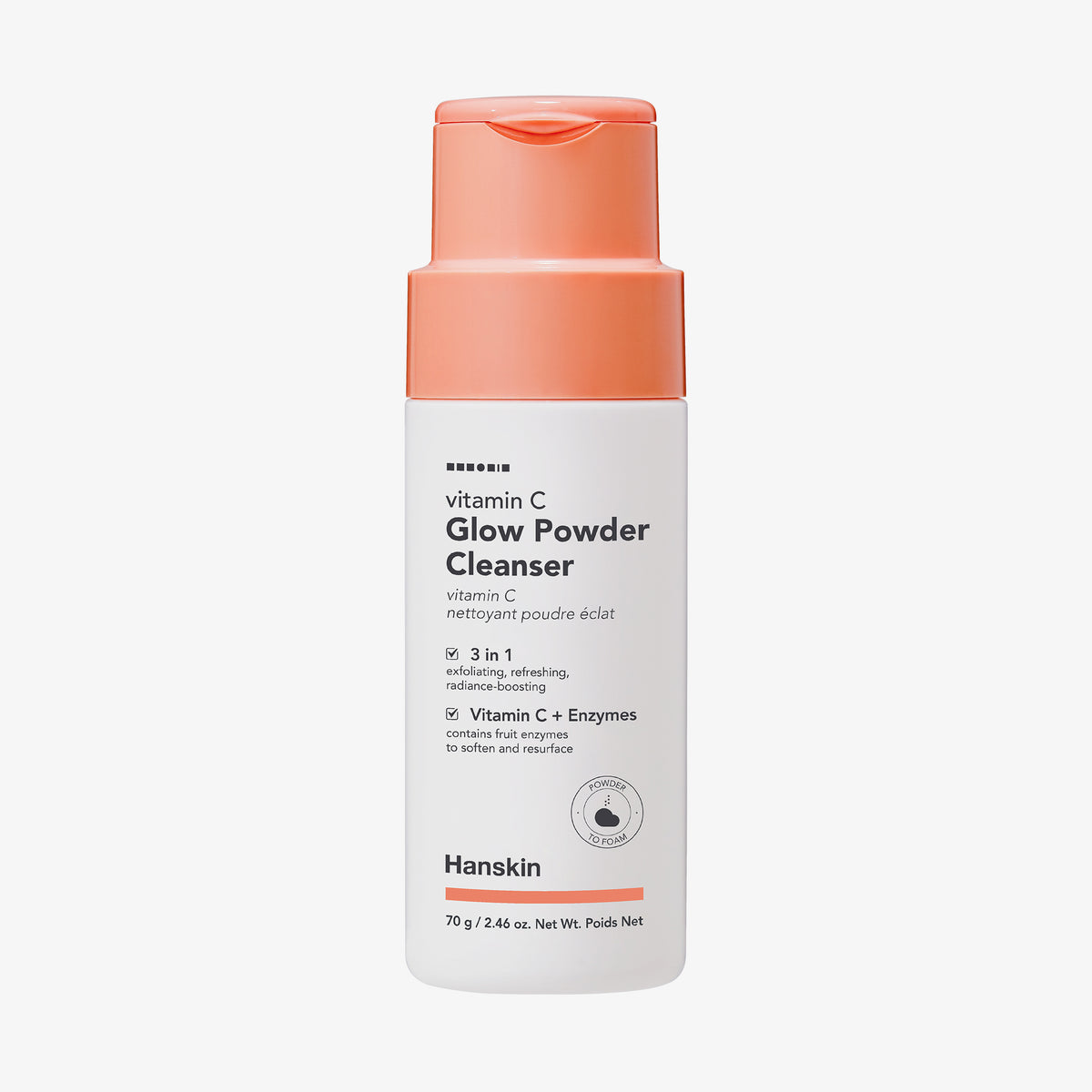Eine Flasche Vitamin C Glow Powder Cleanser mit orangefarbenem Deckel auf weißem Hintergrund.