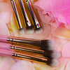Karla Cosmetics Make-up-Pinsel auf zarten rosa und pfirsichfarbenen Rosenblättern.