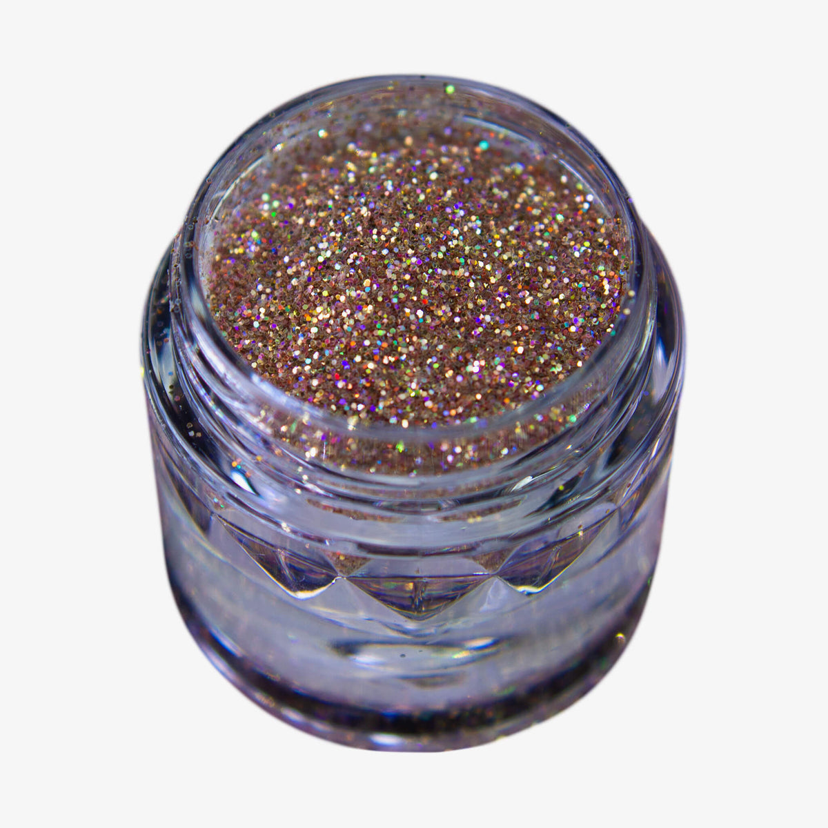 Offener transparenter Tiegel des Glitter Pot Mrs Rose mit gold-rosa schimmerndem Glitzer auf weißem Hintergrund.