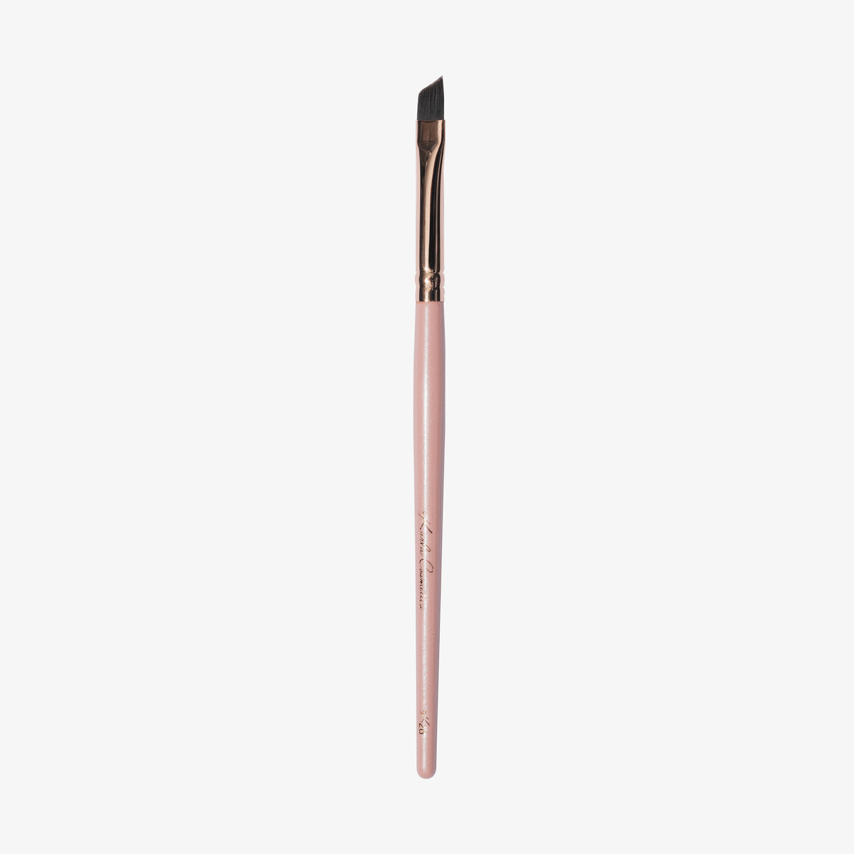 K26: Eyeliner-Pinsel mit abgewinkelter Spitze, rosa Griff und goldener Zwinge auf weißem Hintergrund.