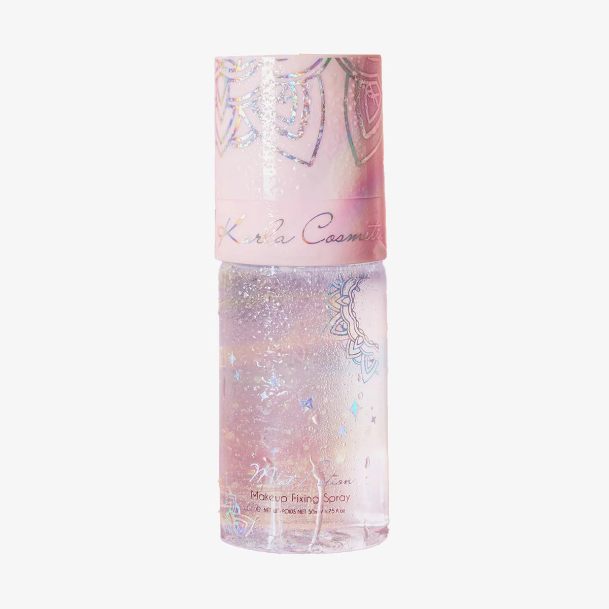 Eine funkelnde rosa und klare Flasche Mist Potion – der All-in-One-Lidschatten- und Make-up-Primer + Setting Mist mit dekorativen Designs auf dem Deckel.