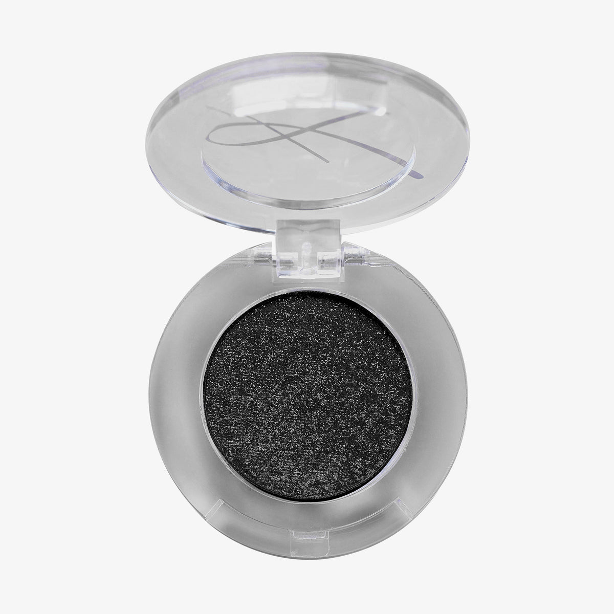 Offener runder transparenter Behälter des Moonshadow Matte Pressed Eyeshadow mit schwarzem leich glitzerndem Lidschatten.