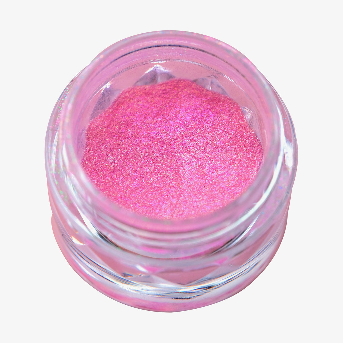 Offener transparenter Tiegel des Opal Moonstone Loose Multichrome Eyeshadow Cutie Pie mit pink schimmerndem Pigment auf weißem Hintergrund.