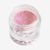 Offener transparenter Tiegel des Opal Moonstone Loose Multichrome Eyeshadow Moody Cow mit hellrosa-pfirsich schimmerndem Pigment auf weißem Hintergrund.
