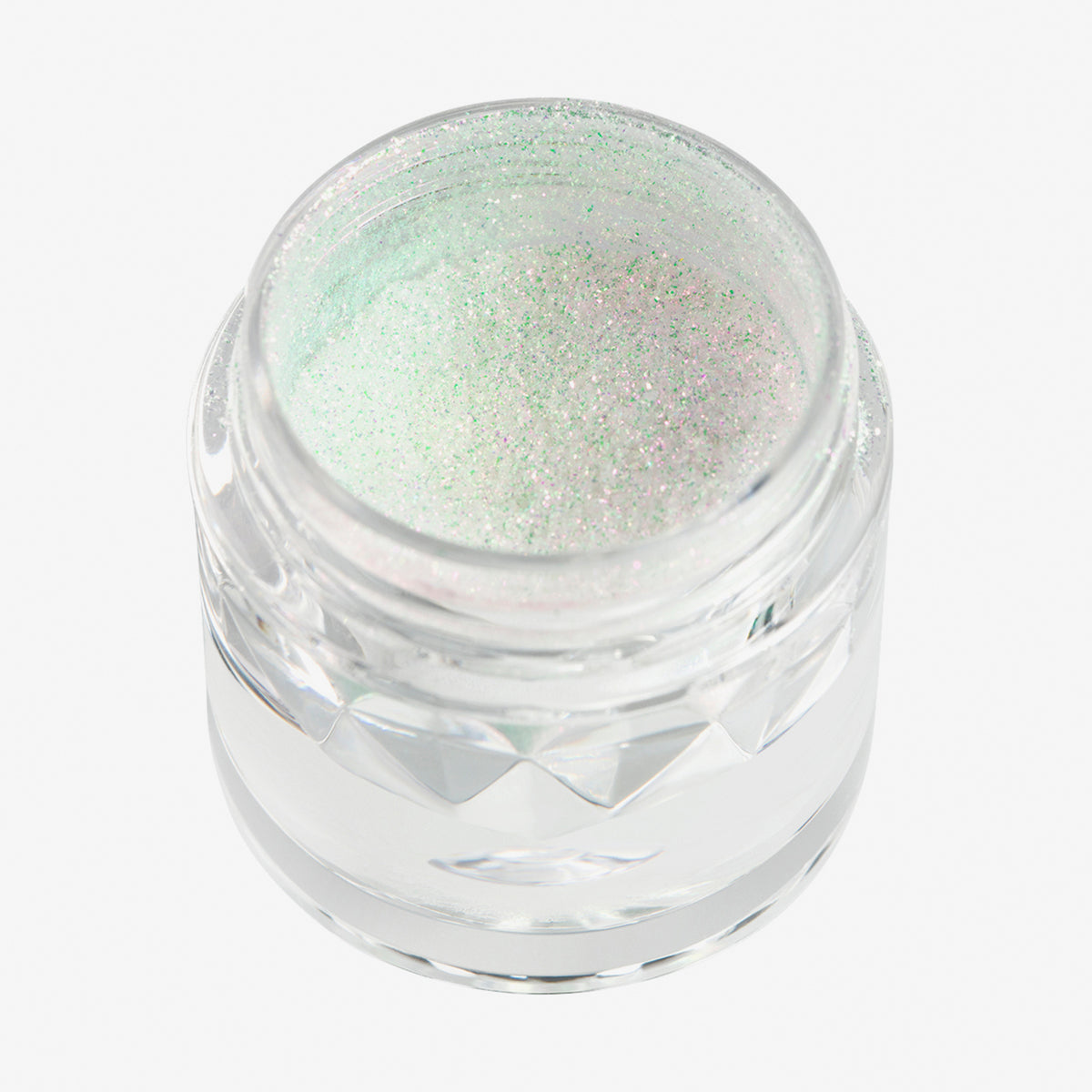 Offener transparenter Tiegel des Opal Multichrome Loose Eyeshadow Nightgown mit grünlich-weiß-opal schimmerndem Glitzer auf weißem Hintergrund.