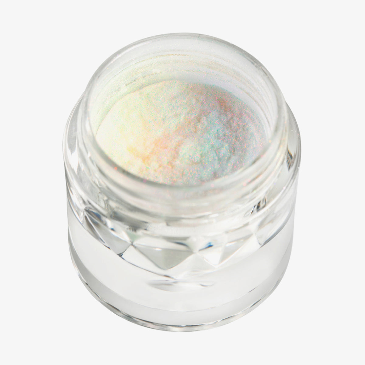 Offener transparenter Tiegel des Opal Multichrome Loose Eyeshadow Rockabye Baby mit orangelich-weiß-opal schimmerndem Glitzer auf weißem Hintergrund.