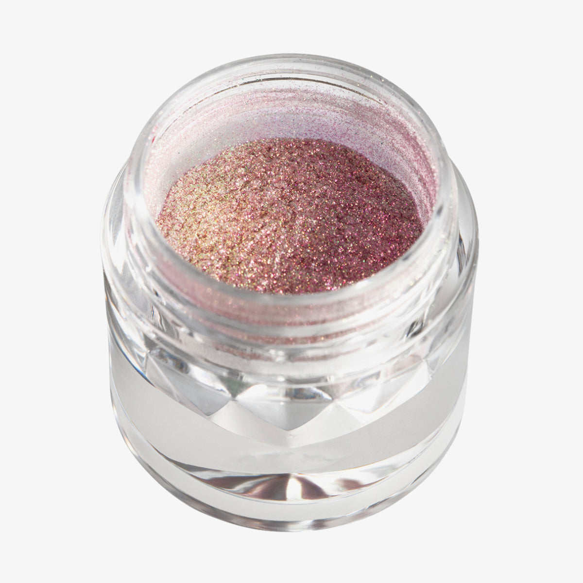 Offener transparenter Tiegel des Opal Multichrome Loose Eyeshadow Romance mit roségold schimmerndem Glitzer auf weißem Hintergrund.