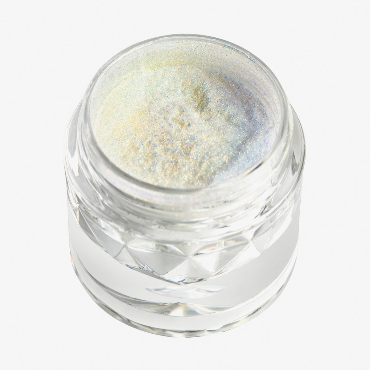 Offener transparenter Tiegel des Opal Multichrome Loose Eyeshadow Shooting Star mit gelb-weiß schimmerndem Glitzer auf weißem Hintergrund.