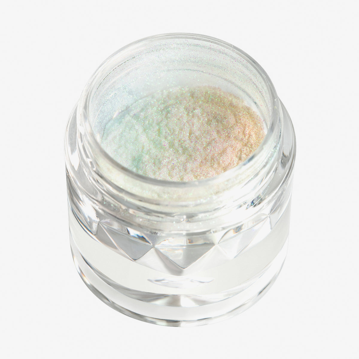 Offener transparenter Tiegel des Opal Multichrome Loose Eyeshadow Sweet Dreams mit türkis-weiß-opal schimmerndem Glitzer auf weißem Hintergrund.