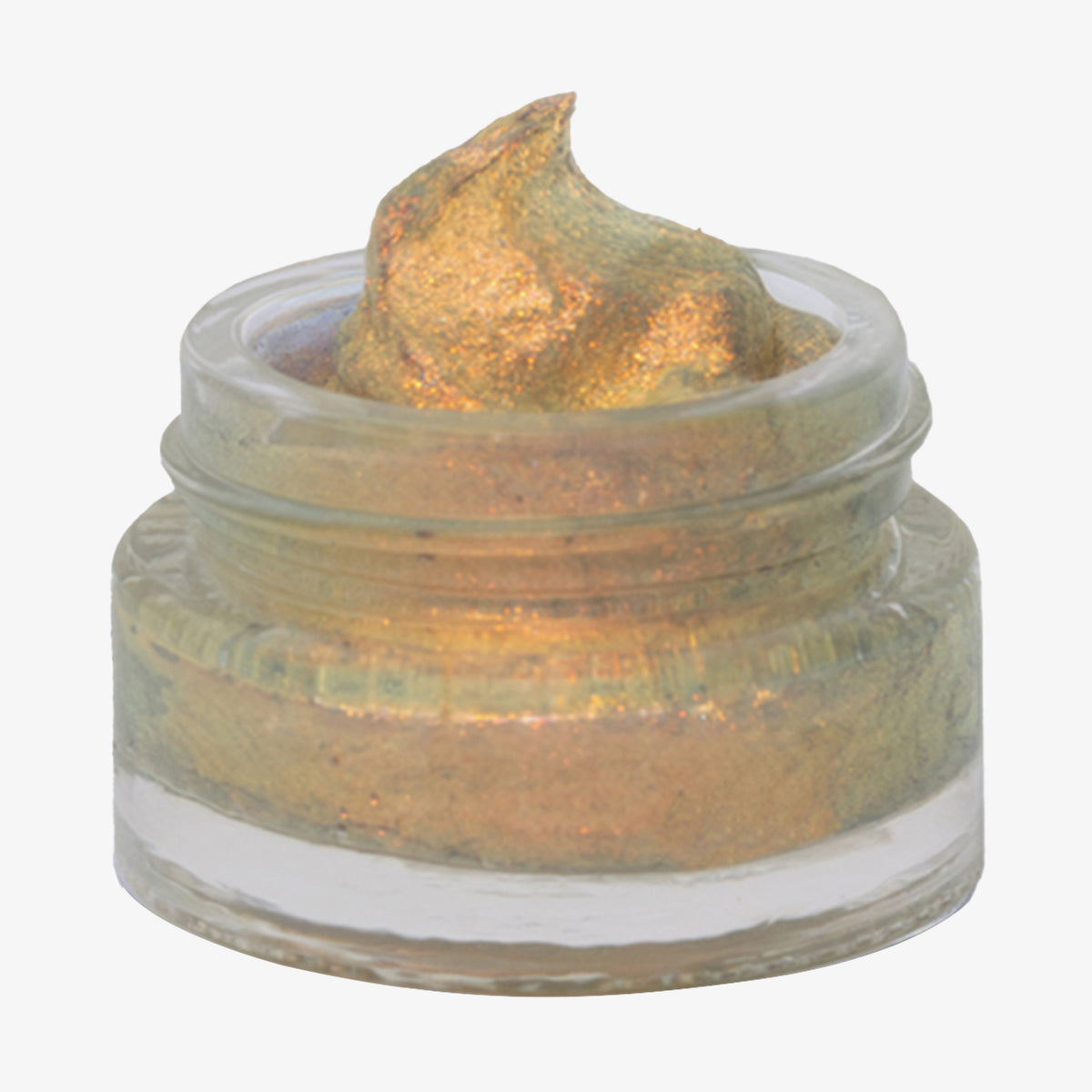 Offener transparenter Tiegel des Opal Shadow Potion Silky Gel Eyeshadow Candlelight mit grünlich-orange schimmernder Textur auf weißem Hintergrund.