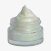 Offener transparenter Tiegel des Opal Shadow Potion Silky Gel Eyeshadow Chill mit weiß-grünlich schimmernder Textur auf weißem Hintergrund.