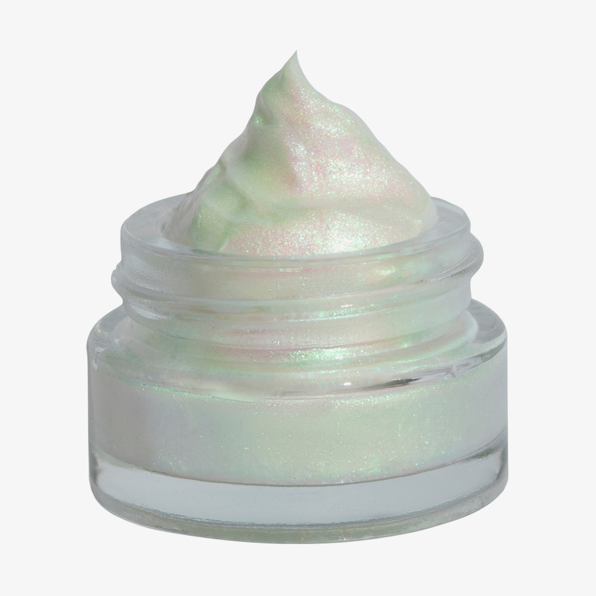 Offener transparenter Tiegel des Opal Shadow Potion Silky Gel Eyeshadow Chill mit weiß-grünlich schimmernder Textur auf weißem Hintergrund.