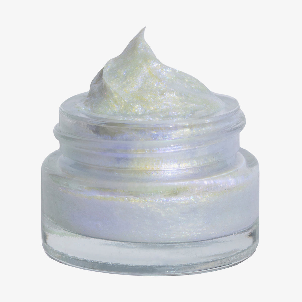 Offener transparenter Tiegel des Opal Shadow Potion Silky Gel Eyeshadow Insomnia mit weiß-lila schimmernder Textur auf weißem Hintergrund.