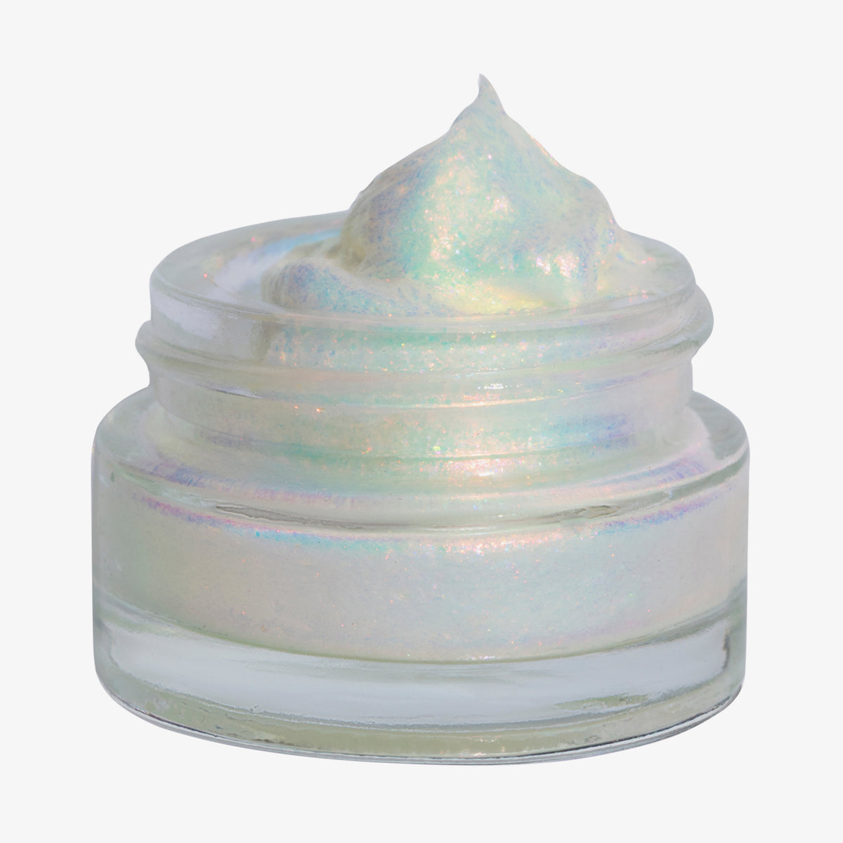 Offener transparenter Tiegel des Opal Shadow Potion Silky Gel Eyeshadow Pillow Fight mit weiß-gelblich schimmernder Textur auf weißem Hintergrund.