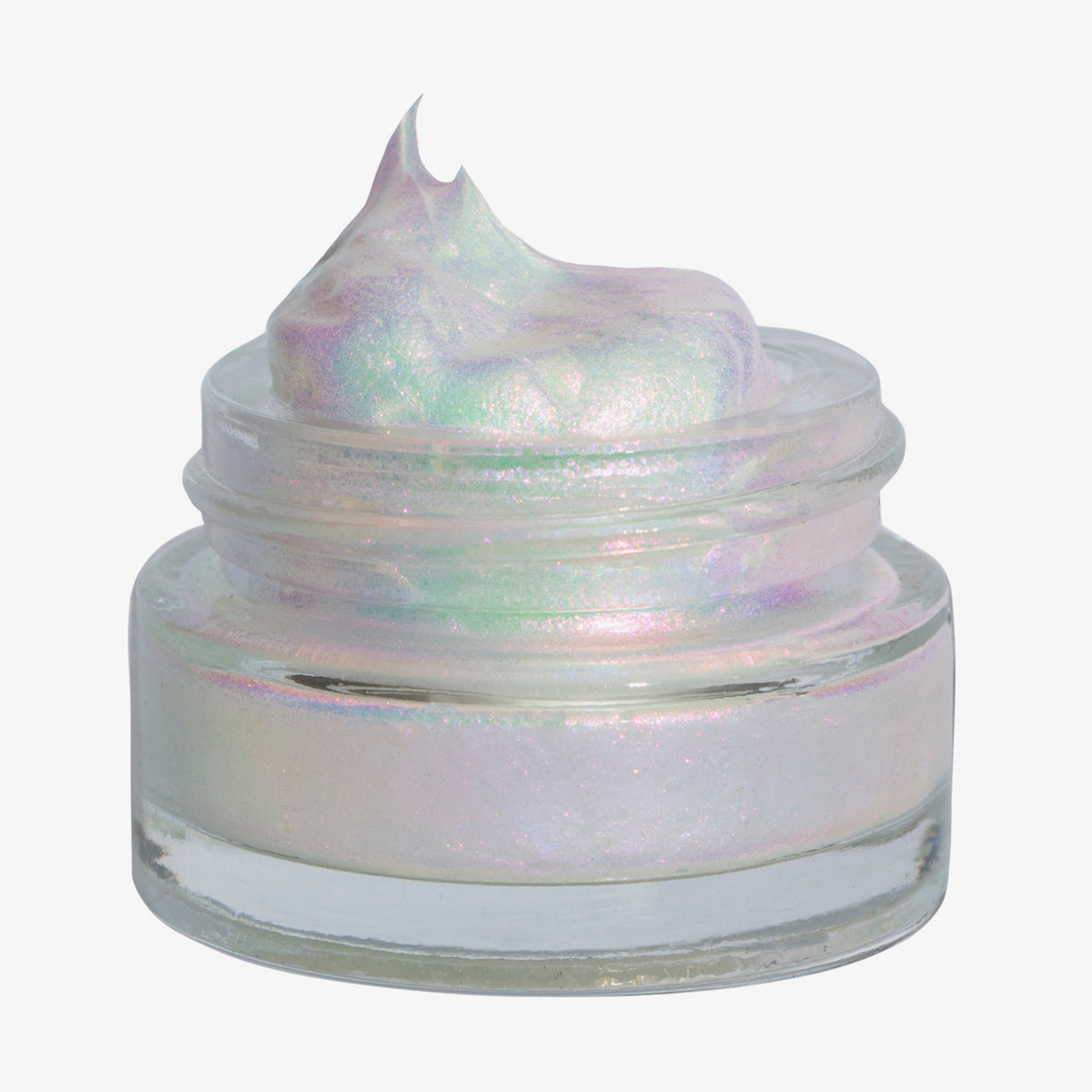 Offener transparenter Tiegel des Opal Shadow Potion Silky Gel Eyeshadow Rockabye Baby mit weißlich lila-grün schimmernder Textur auf weißem Hintergrund.