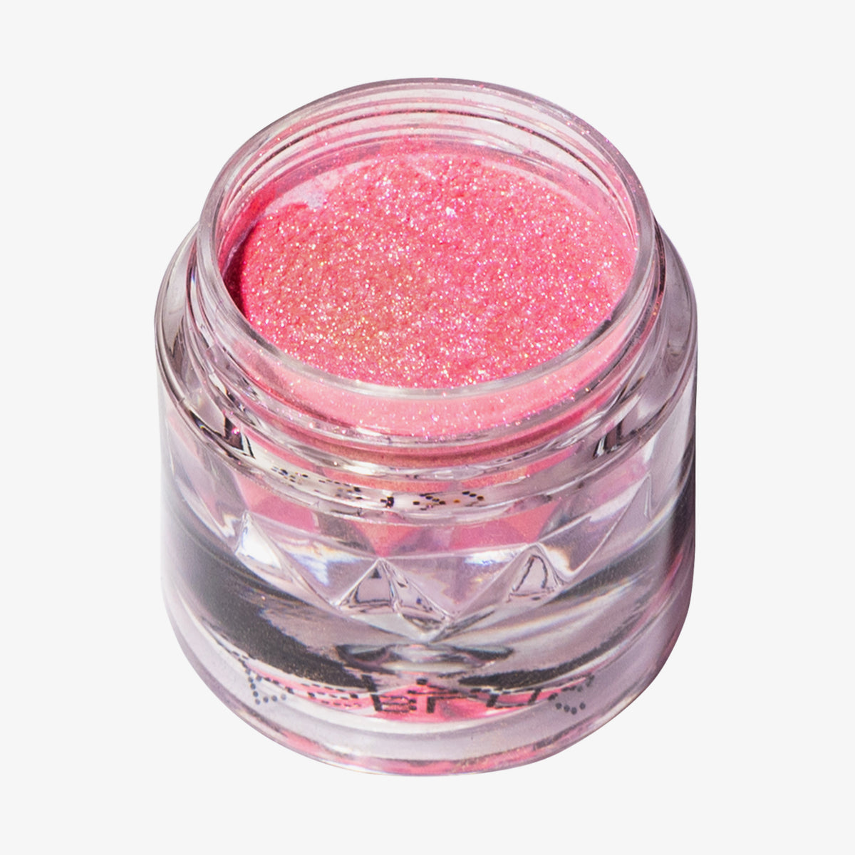 Offener transparenter Tiegel des Pastel Duochromes Loose Eyeshadow Blossom mit rosa schimmernder Textur auf weißem Hintergrund.