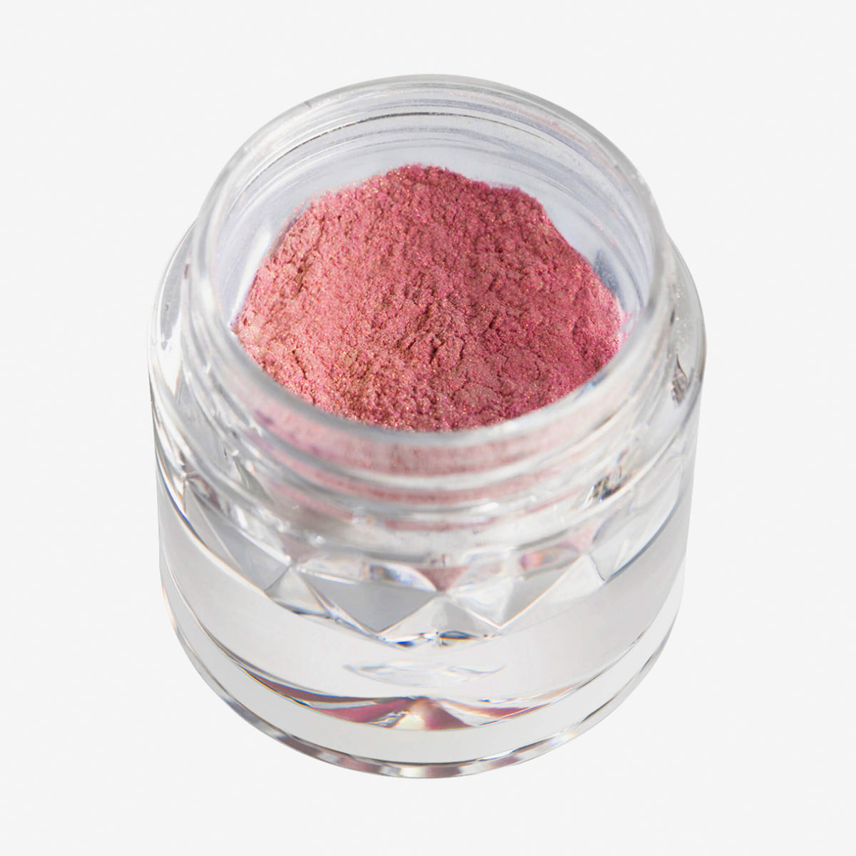 Offener transparenter Tiegel des Pastel Duochromes Loose Eyeshadow Cupcake mit rosa schimmernder Textur auf weißem Hintergrund.