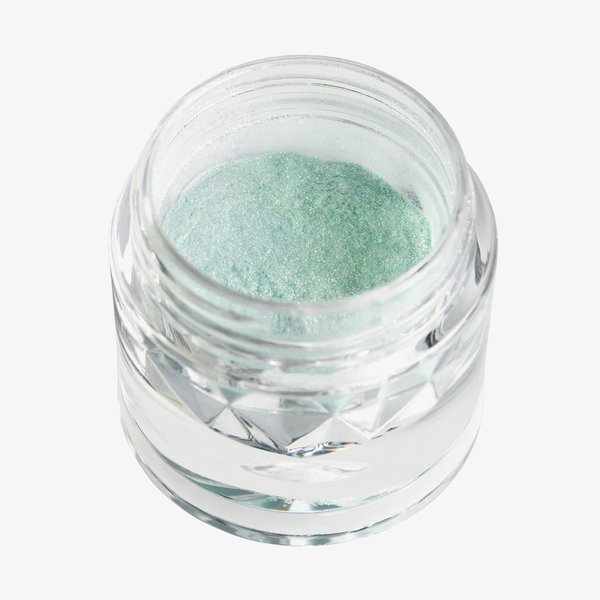 Offener transparenter Tiegel des Pastel Duochromes Loose Eyeshadow Tutu mit mintgrün schimmernder Textur auf weißem Hintergrund.