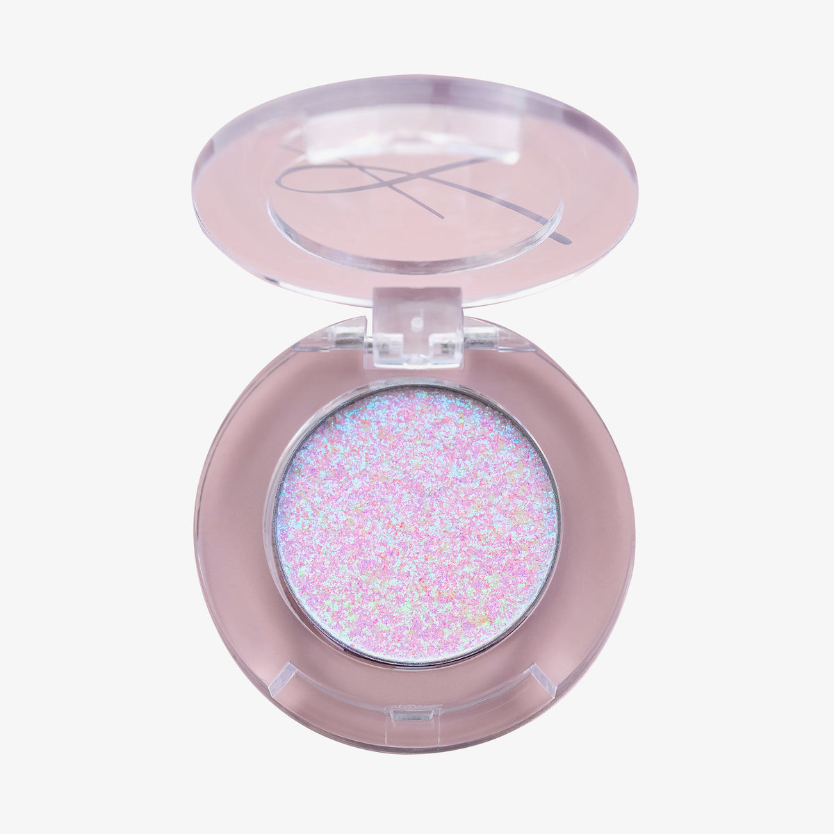 Offene transparente Kompaktdose des Pressed Opal Multichrome Eyeshadow Birdsong mit lila-blau schimmerndem gepressten Lidschatten auf weißem Hintergrund.