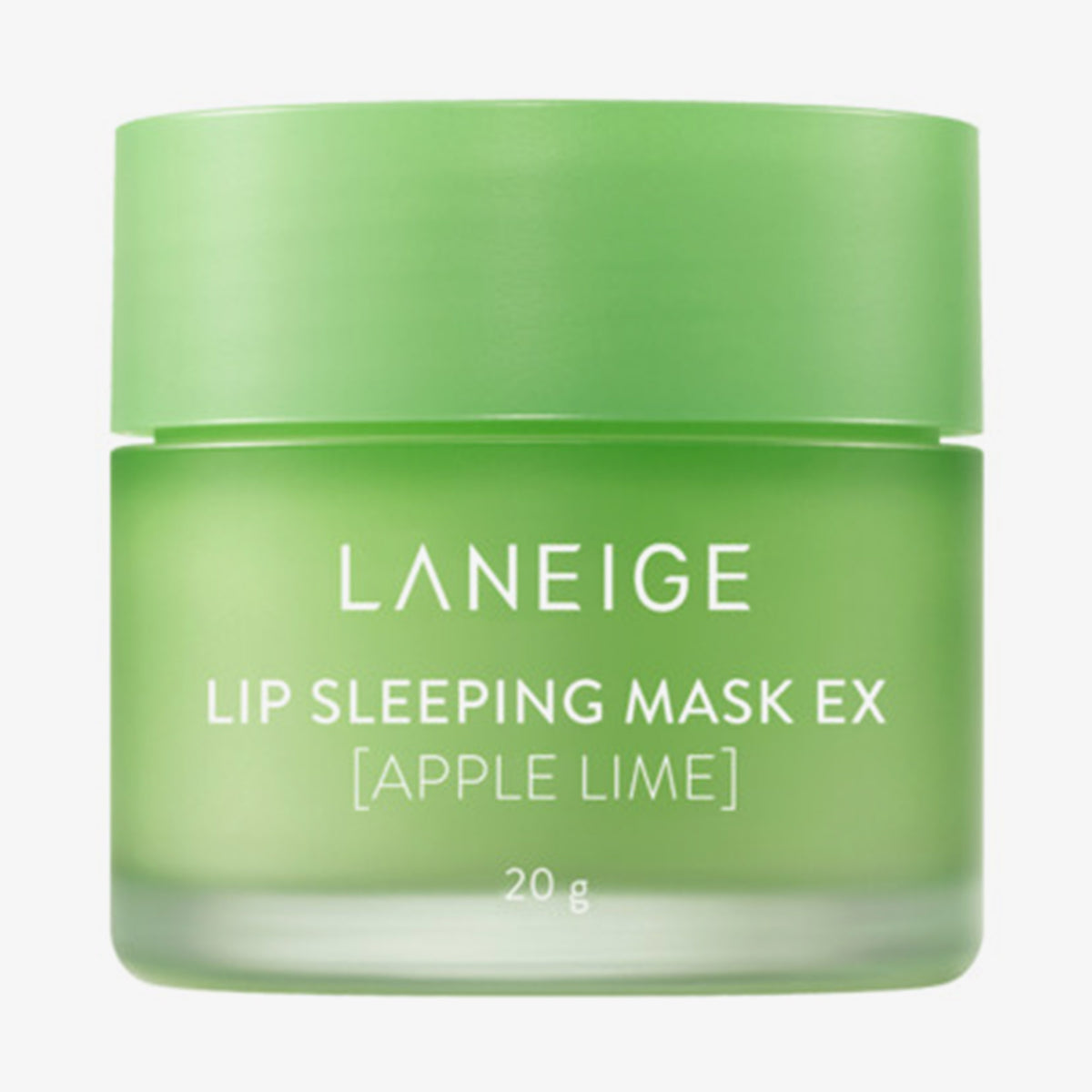 Grüner Tiegel Laneige Lip Sleeping Mask EX im Apple Lime mit weißem Text auf weißem Hintergrund.