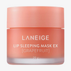 Ein pfirsichfarbener Tiegel Laneige Lip Sleeping Mask EX Grapefruit mit weißem Text auf dem Behälter.